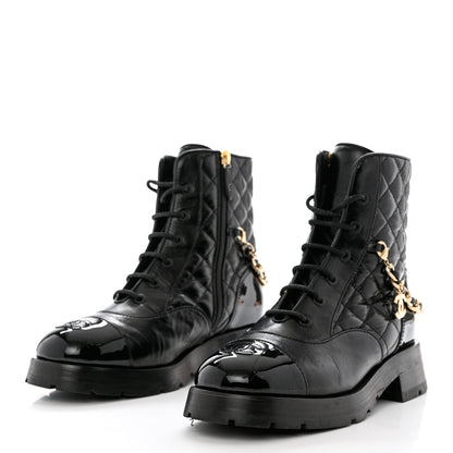 Chanel Shiny Calfskin Patent Quilted Chain Lace Up Combat Boots 38.5 Black 3 of 11