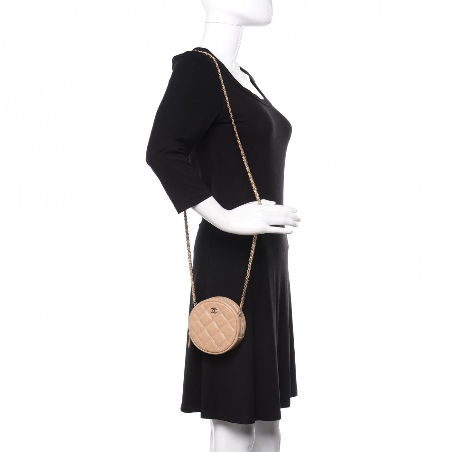 Caviar Quilted Round Clutch With Chain Beige