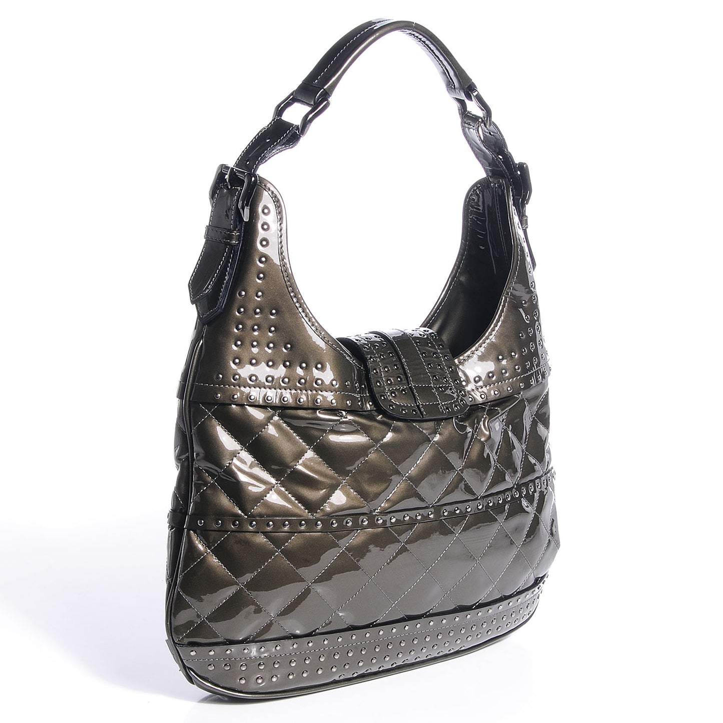 Patent Quilted Studded Brooke Hobo Pewter