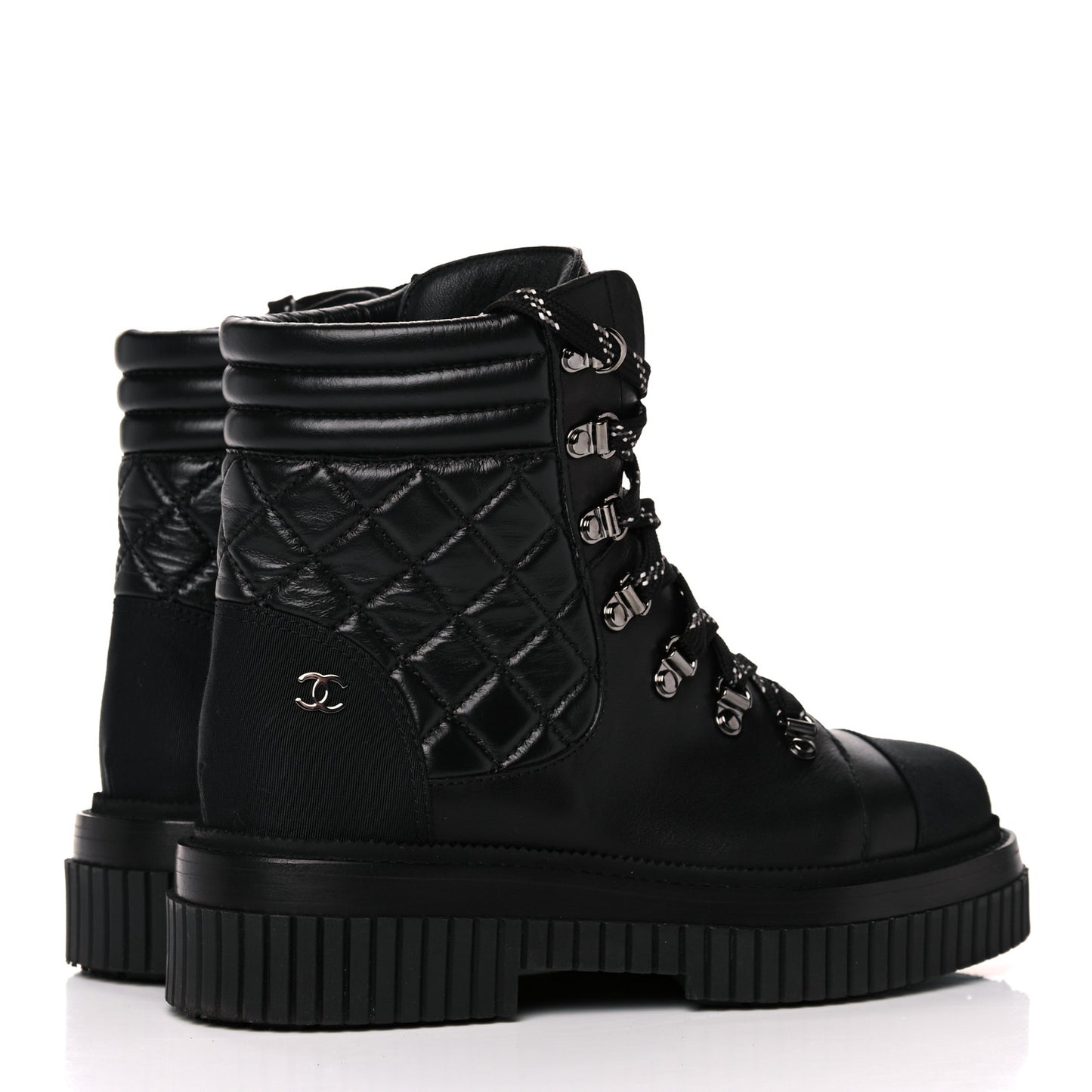 Calfskin Grosgrain Quilted Lace Up Boots 37 Black Grey