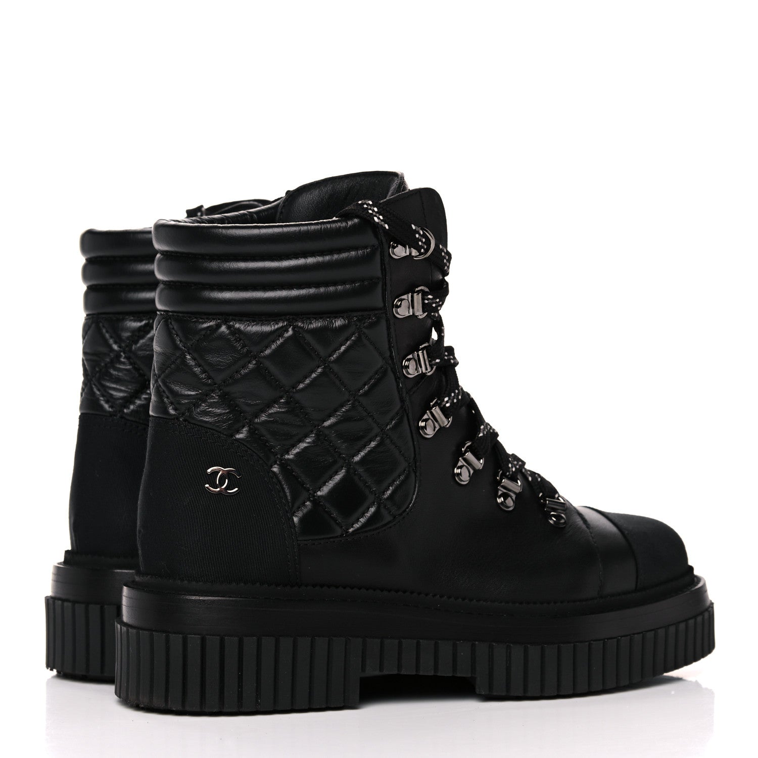 Chanel Calfskin Grosgrain Quilted Lace Up Boots 37 Black Grey 4 of 10