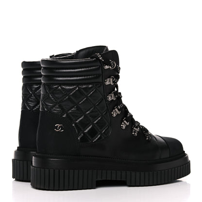 Chanel Calfskin Grosgrain Quilted Lace Up Boots 37 Black Grey 4 of 10