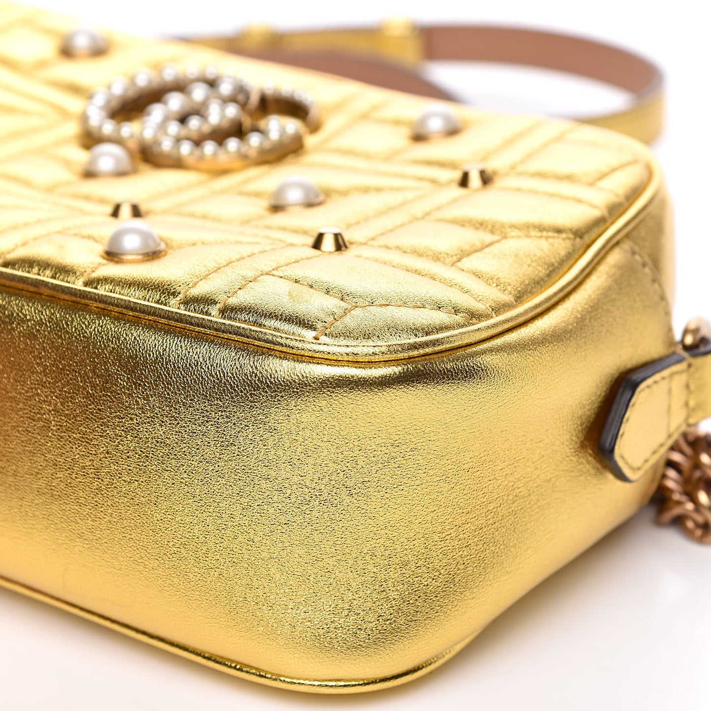 Metallic Calfskin Matelasse Studded Small Pearly GG Marmont Chain Shoulder Bag Gold