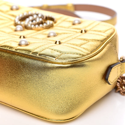 Gucci Metallic Calfskin Matelasse Studded Small Pearly GG Marmont Chain Shoulder Bag Gold 10 of 11