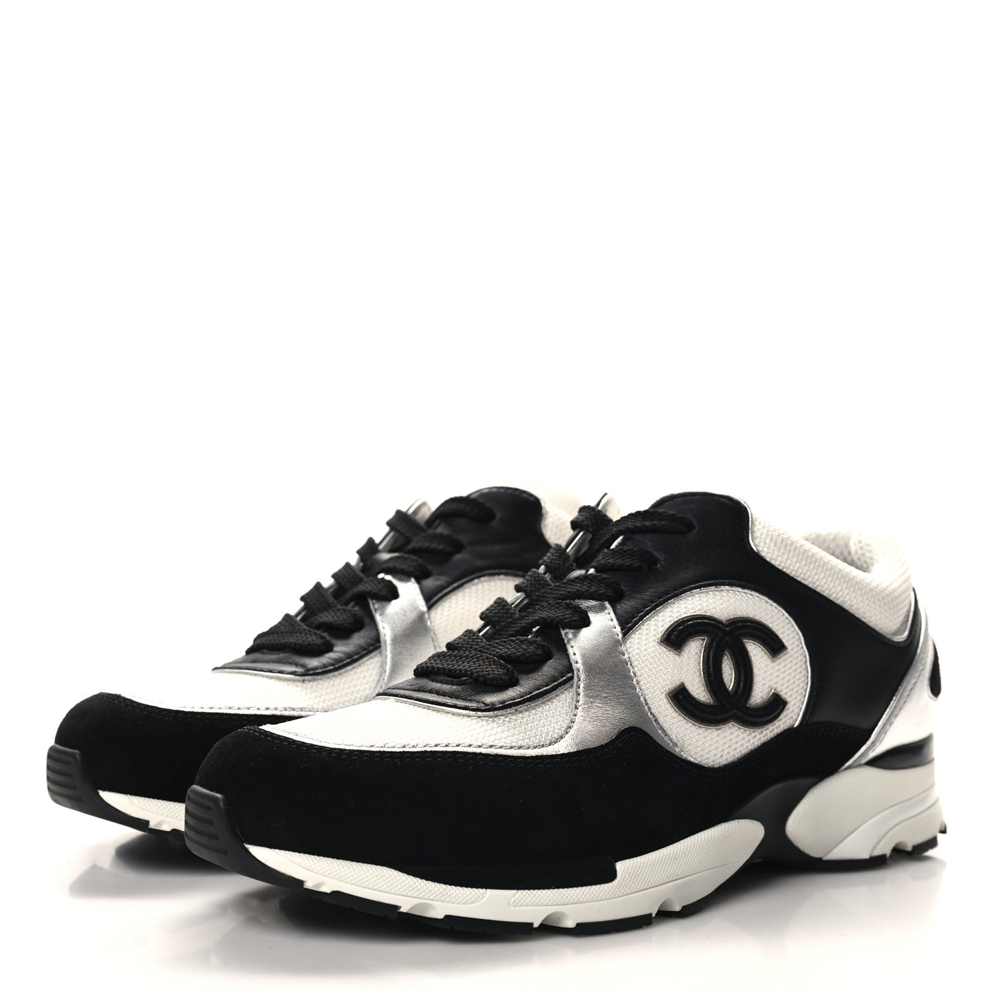 Mesh Suede Calfskin Grained Calfskin Womens CC Sneakers 38.5 Black White Silver