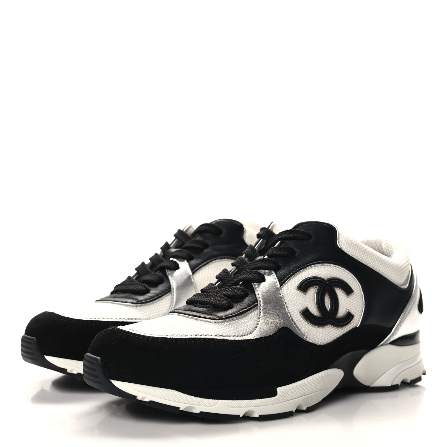 Chanel Mesh Suede Calfskin Grained Calfskin Womens CC Sneakers 38.5 Black White Silver 3 of 8
