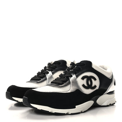 Chanel Mesh Suede Calfskin Grained Calfskin Womens CC Sneakers 38.5 Black White Silver 3 of 8