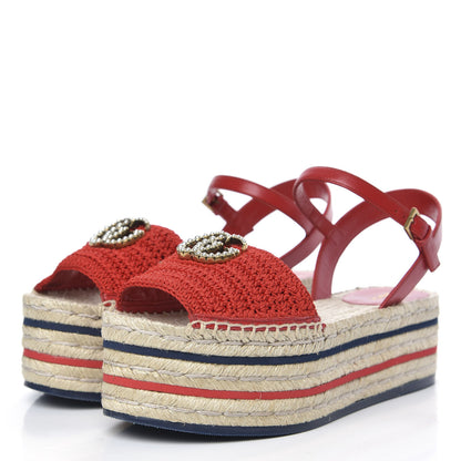 Gucci Cotton Malaga Kid Crochet Pearly GG Lilibeth Espadrille Platform Sandals 37.5 Hibiscus Red 3 of 8