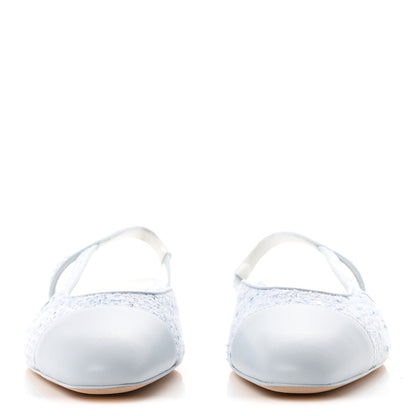 Chanel Tweed Lambskin Cap Toe Slingback Flats 39.5 Blue White Silver 3 of 10