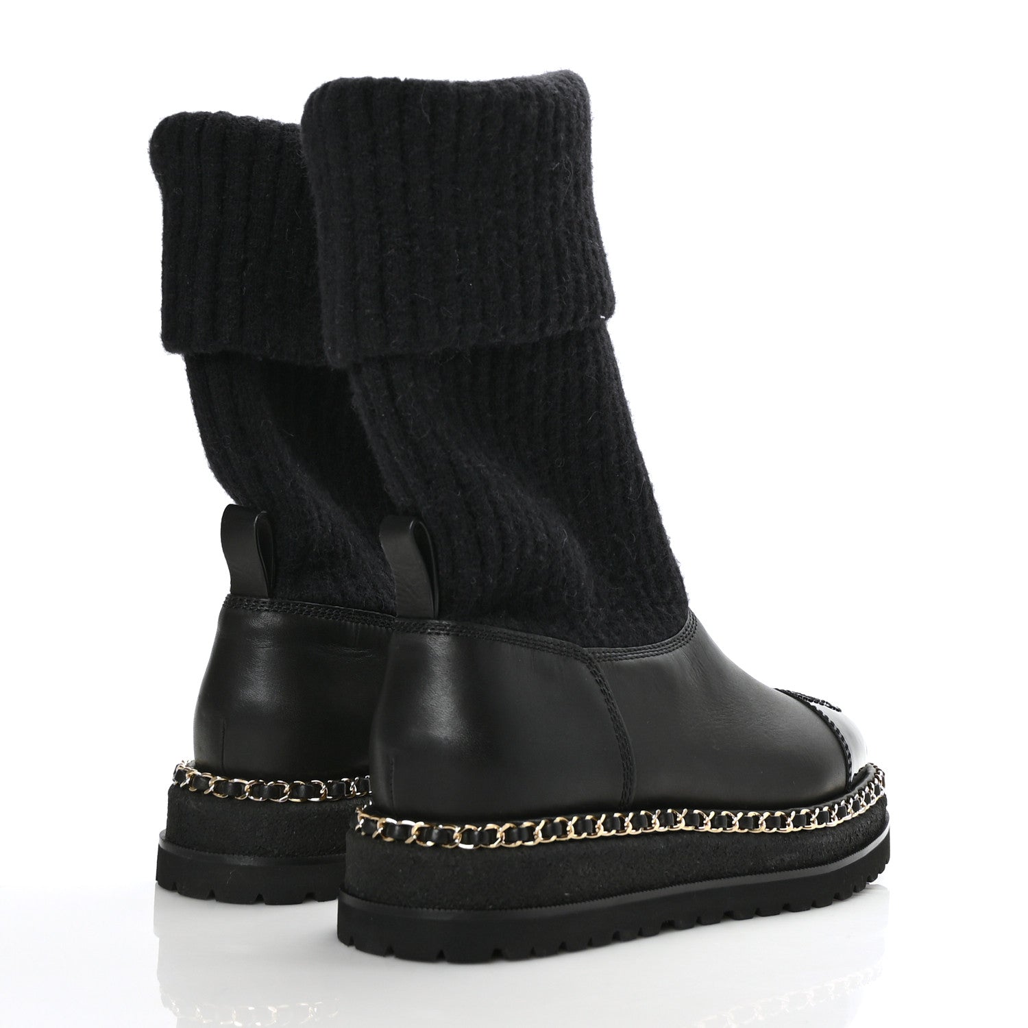 Chanel Knit Calfskin Patent CC Cap Toe Chain Boots 38 Black 4 of 6