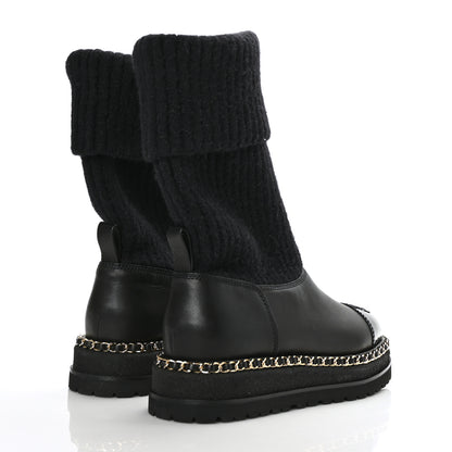 Chanel Knit Calfskin Patent CC Cap Toe Chain Boots 38 Black 4 of 6