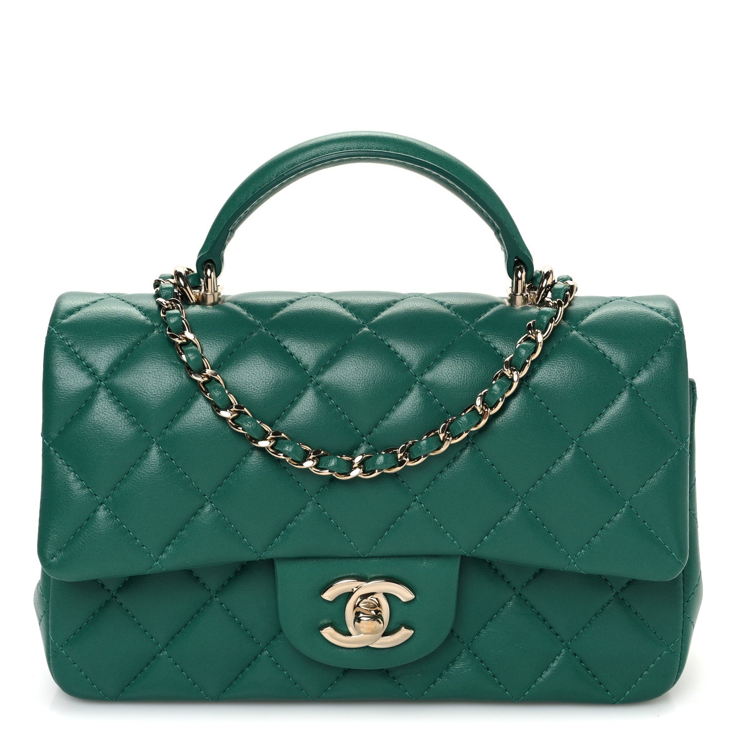 Lambskin Quilted Mini Top Handle Rectangular Flap Green