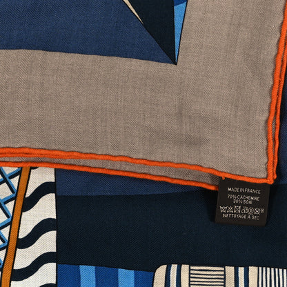 Hermes Cashmere Silk La Selle Imaginaire Shawl 140 Marron Glace Bleu 3 of 5