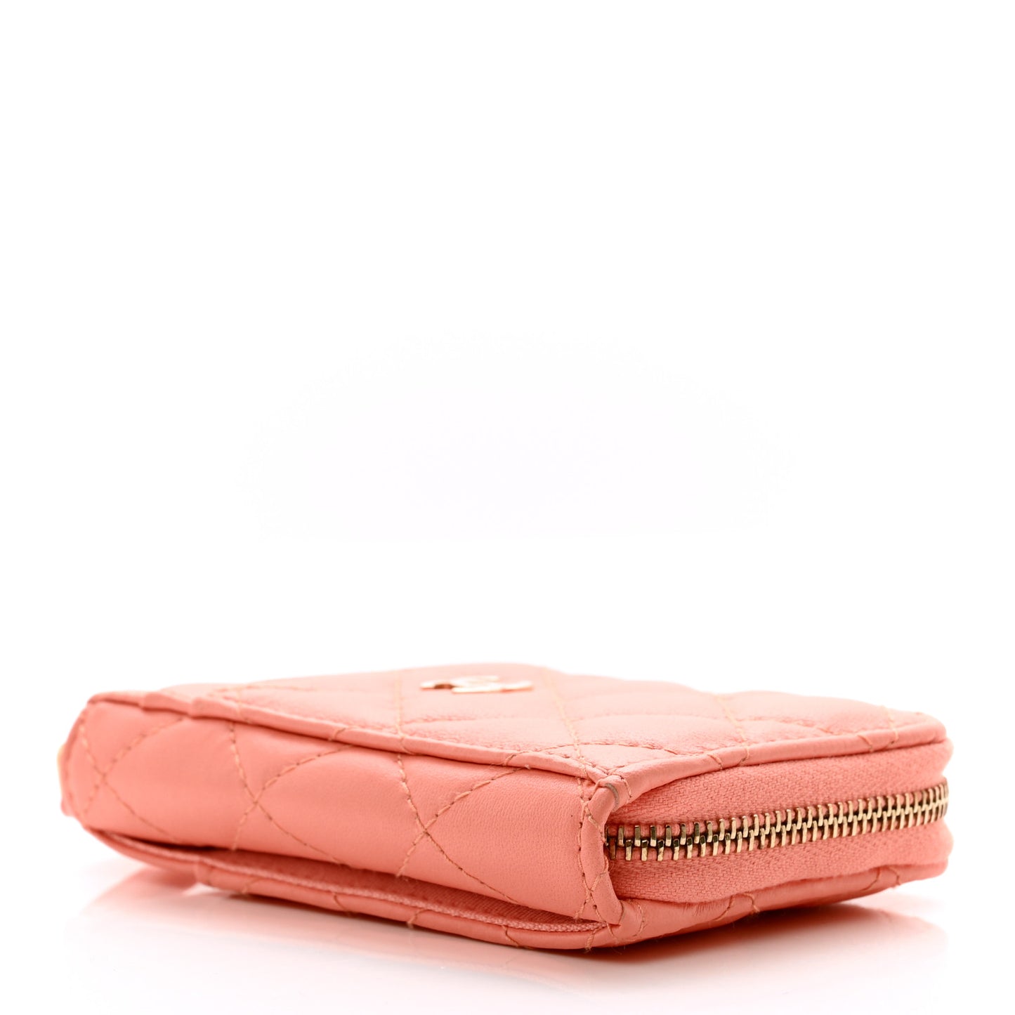 Lambskin Quilted Zip Card Holder Light Orange