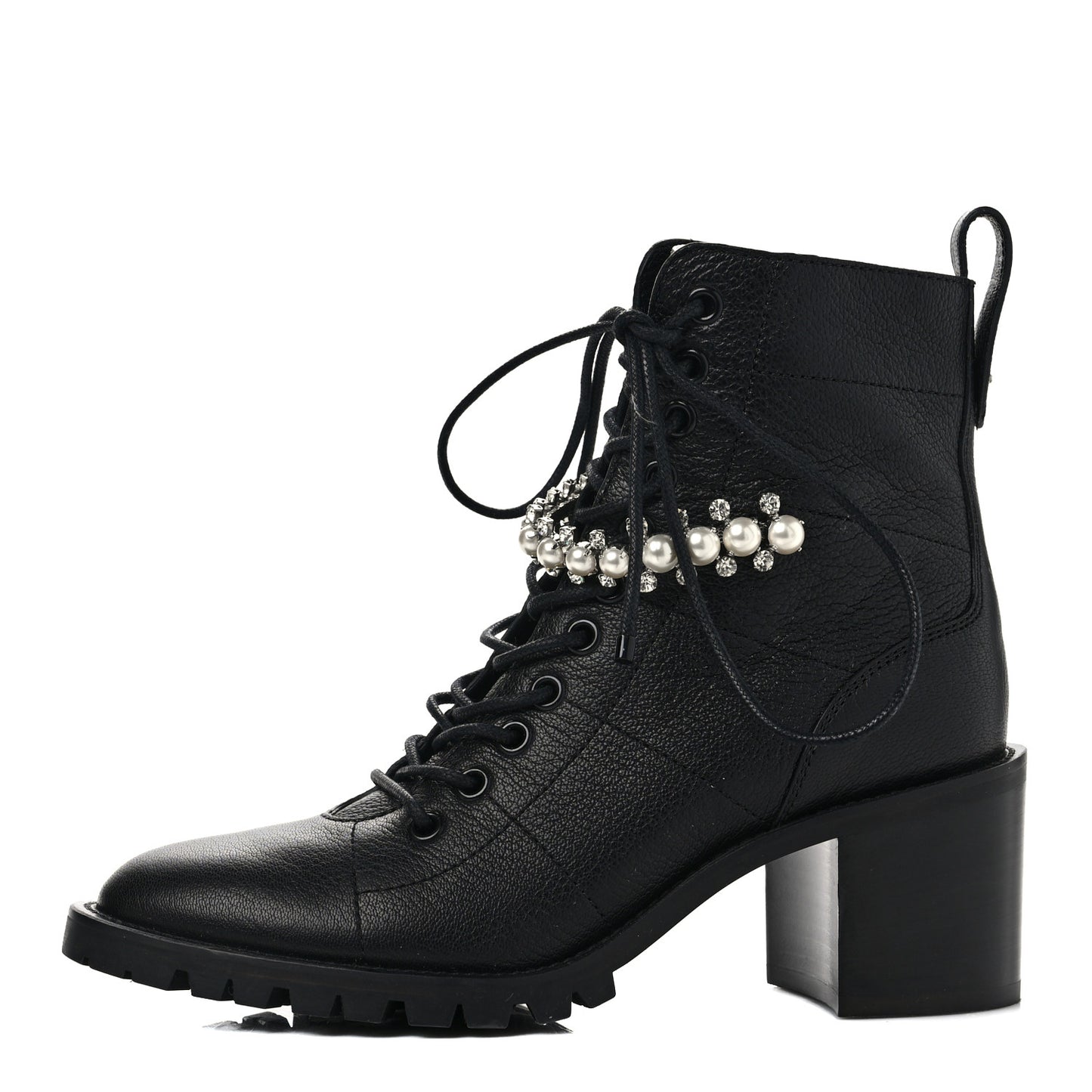 Grained Goatskin Pearl Crystal Embellished Cruz Combat Boots 36.5 Black