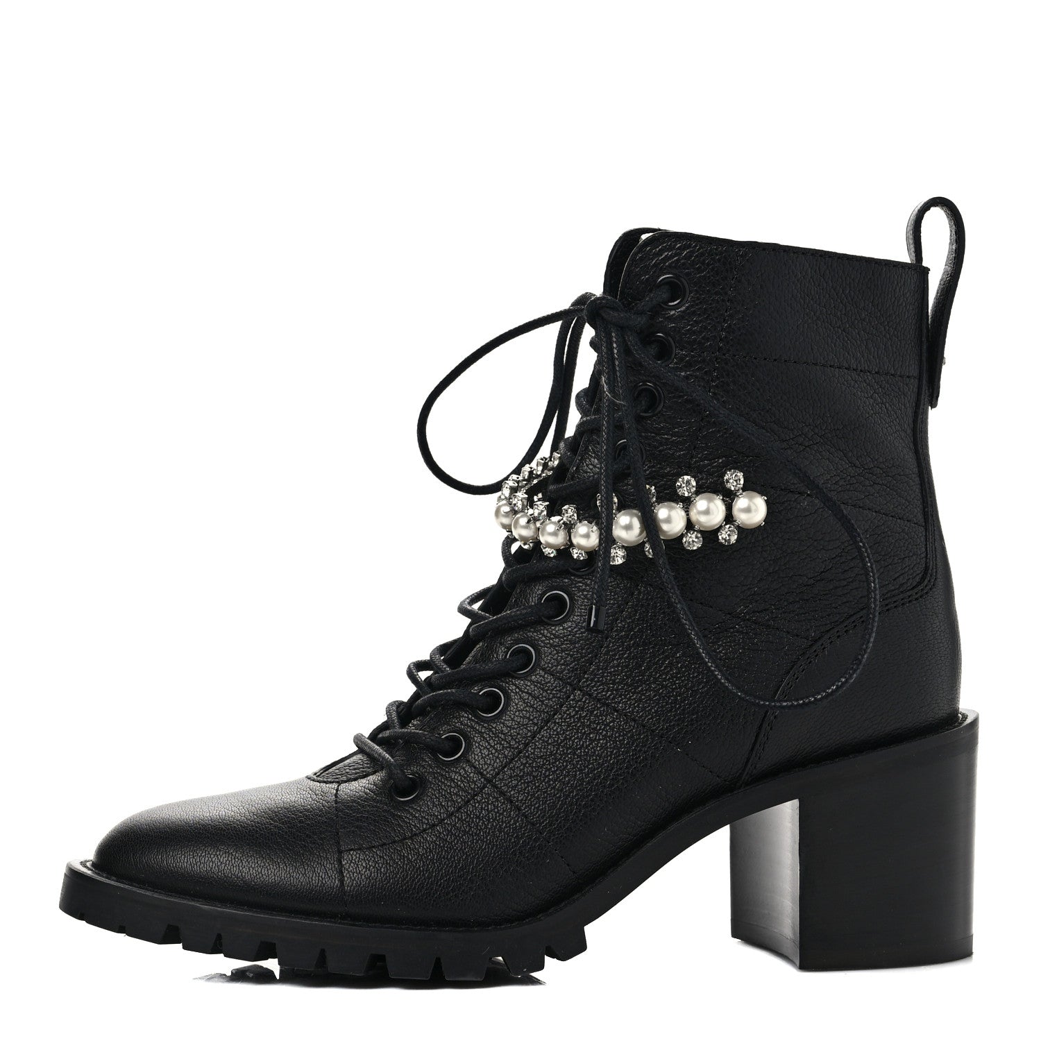 Jimmy Choo Grained Goatskin Pearl Crystal Embellished Cruz Combat Boots 36.5 Black 1 of 9