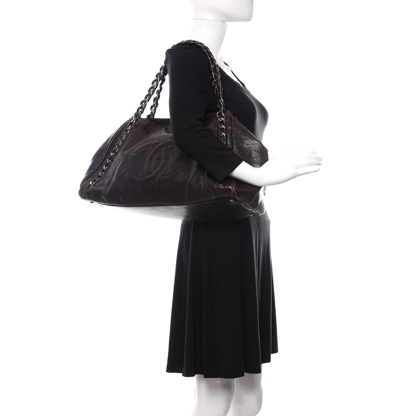 Glazed Caviar East West Modern Chain Tote Brown