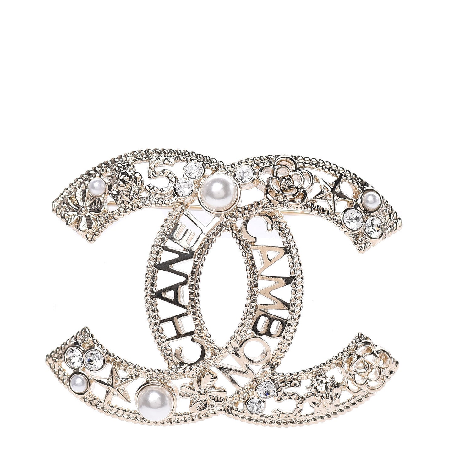 Crystal Pearl CC Charms Brooch Gold