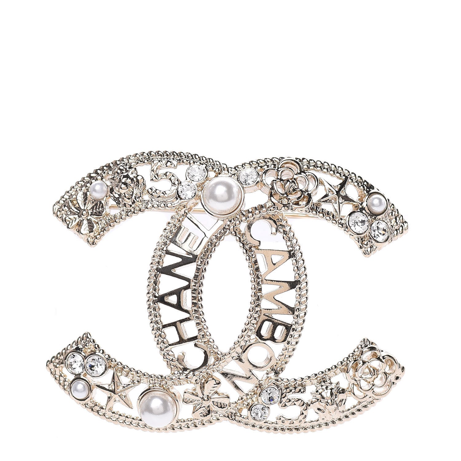 Chanel Crystal Pearl CC Charms Brooch Gold 1 of 5