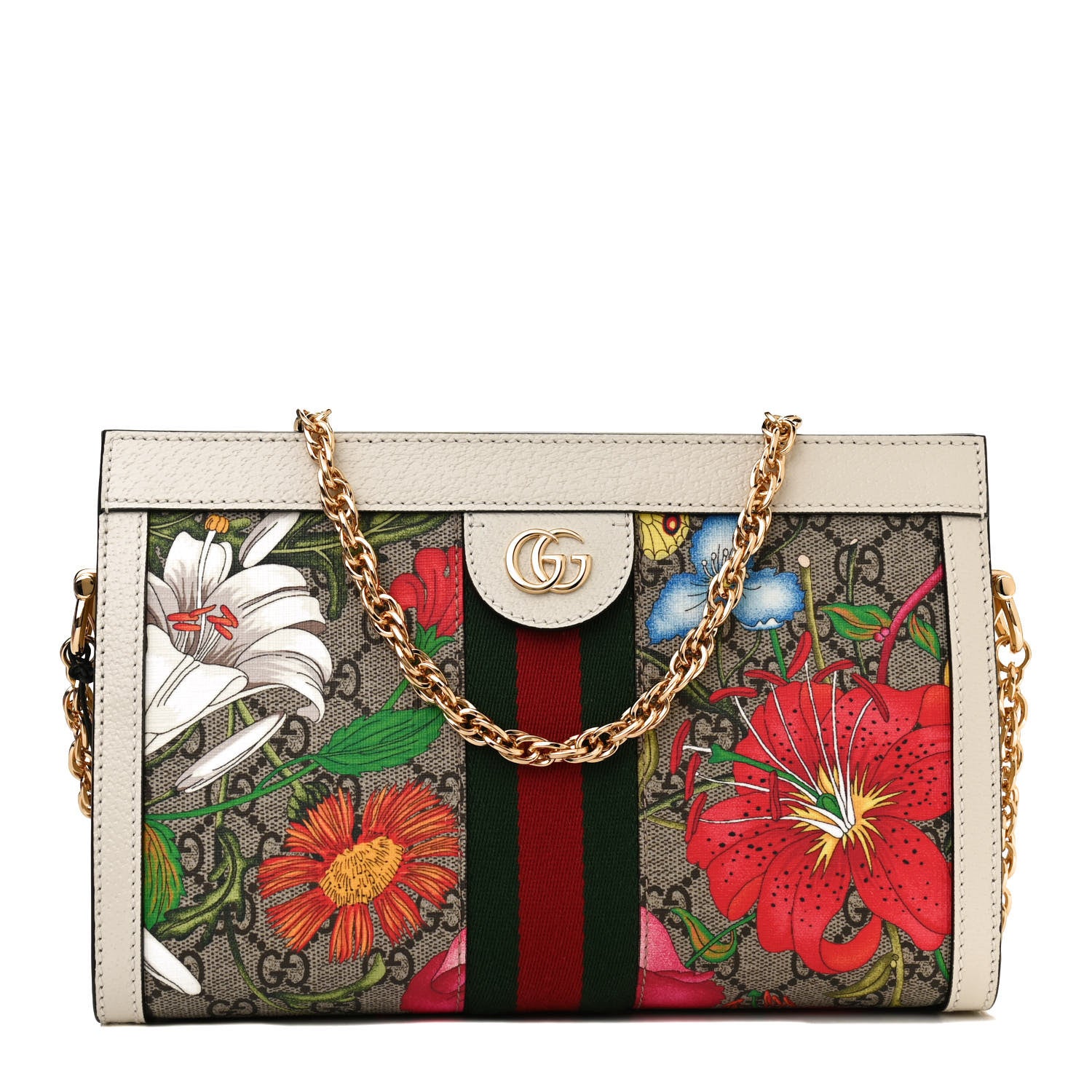 Gucci GG Supreme Monogram Flora Web Small Ophidia Chain Shoulder Bag White 1 of 11