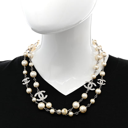 Chanel Graduated Pearl Crystal CC Long Necklace Silver 2 of 10