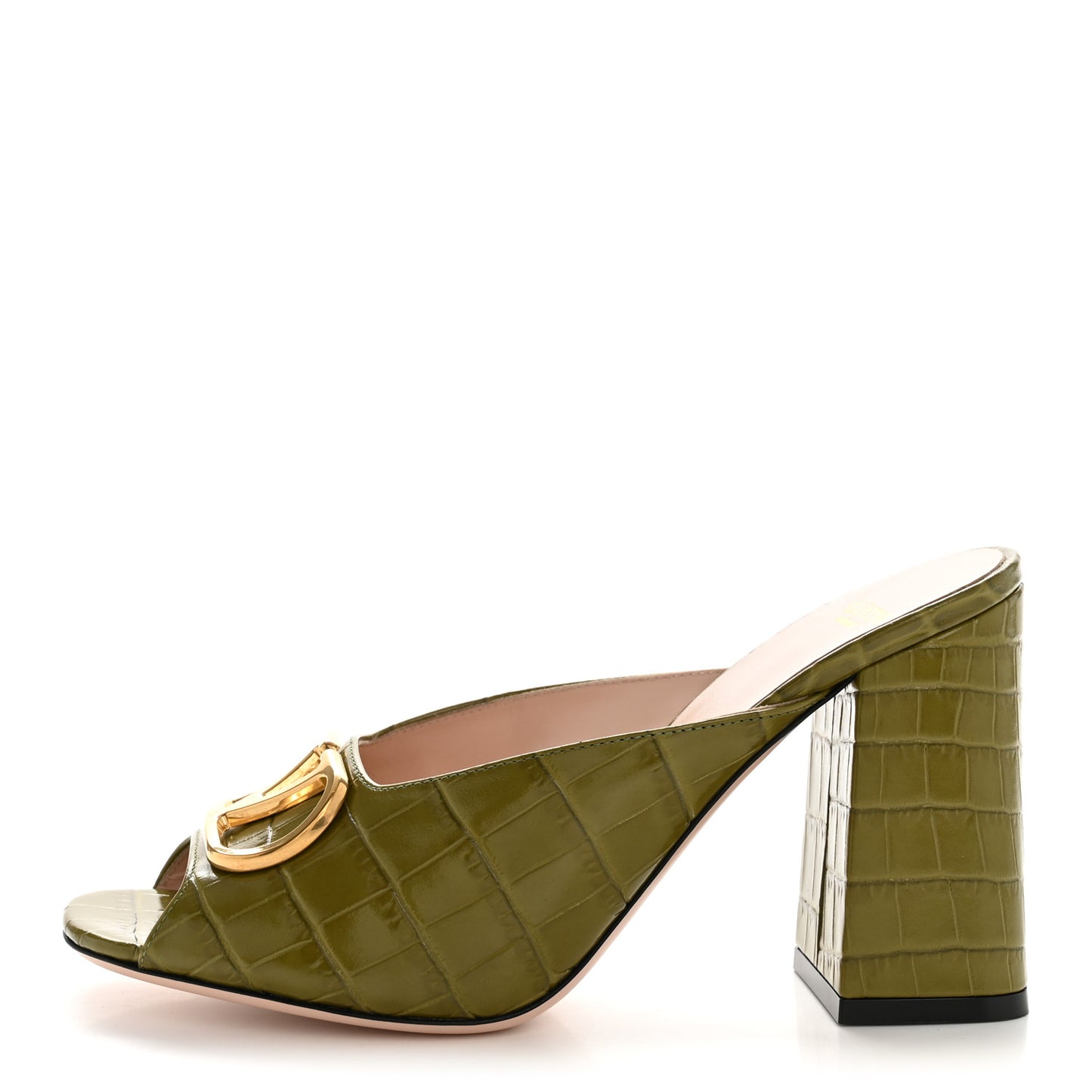 Calfskin Printed Crocodile Effect VLogo Signature 95mm Slide Sandals 36.5 Green