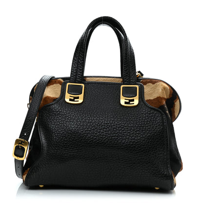 Fendi Pebbled Calfskin Calf Hair Small Chameleon Tote Black Tobacco 1 of 14