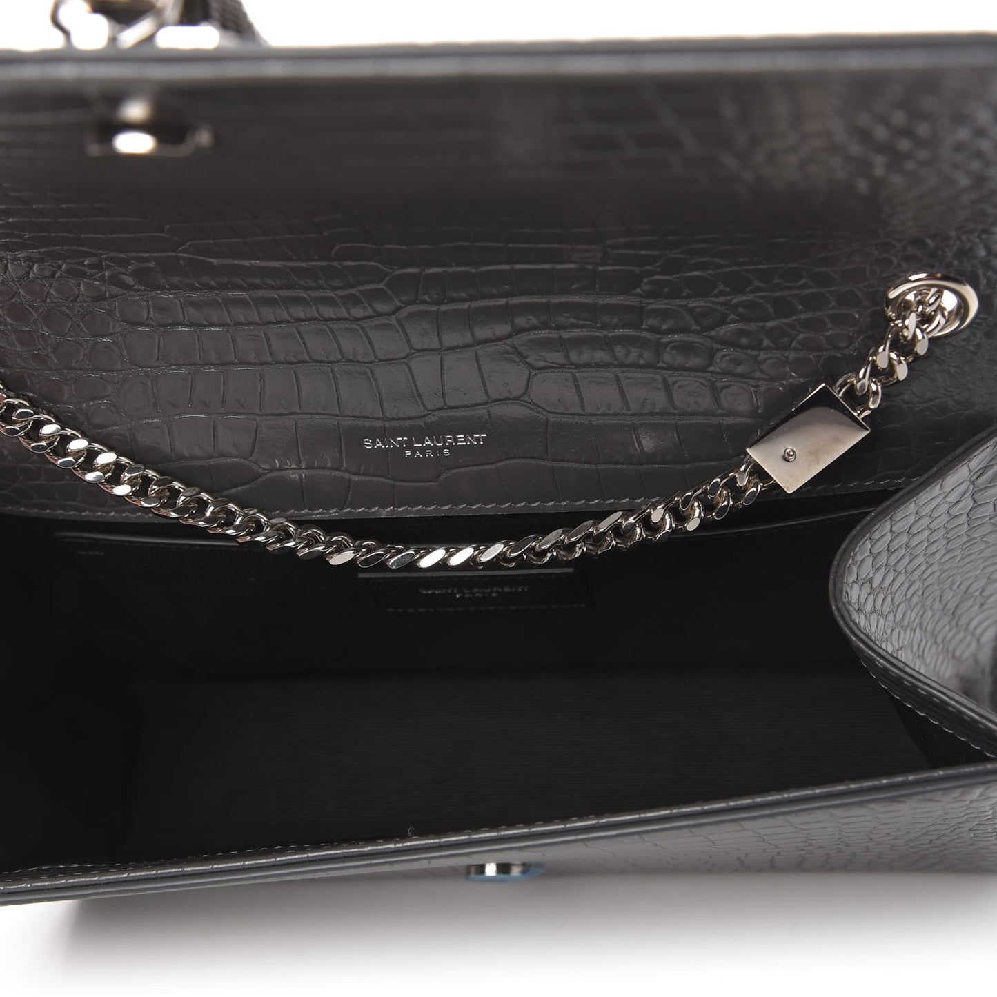 Calfskin Crocodile Embossed Medium Classic Monogram Kate Tassel Satchel Fog