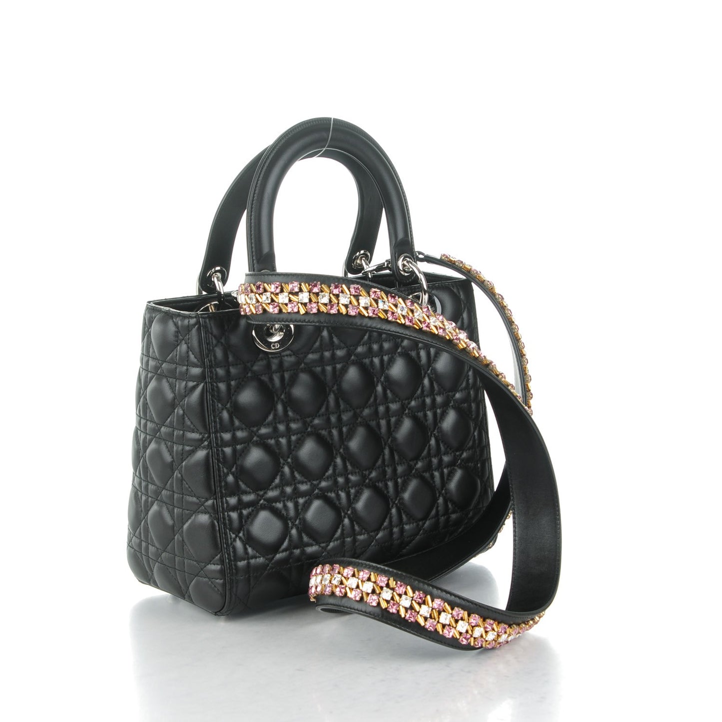 Lambskin Cannage Medium Lady Dior Crystal Strap Black