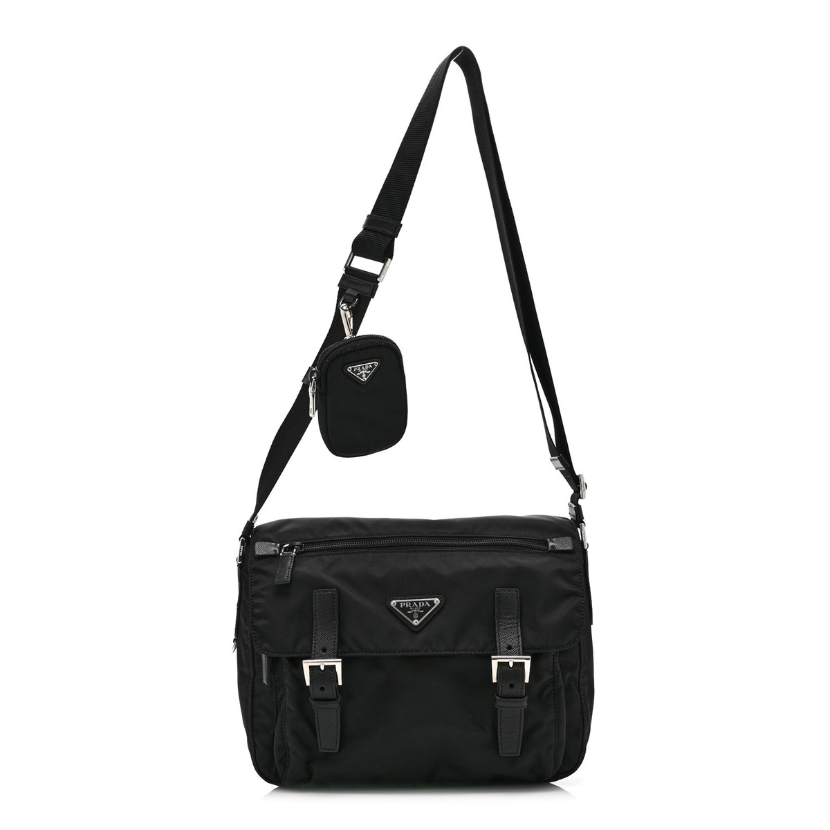 Re-Nylon Vela Saffiano Pocket Double Buckle Messenger Shoulder Bag Black