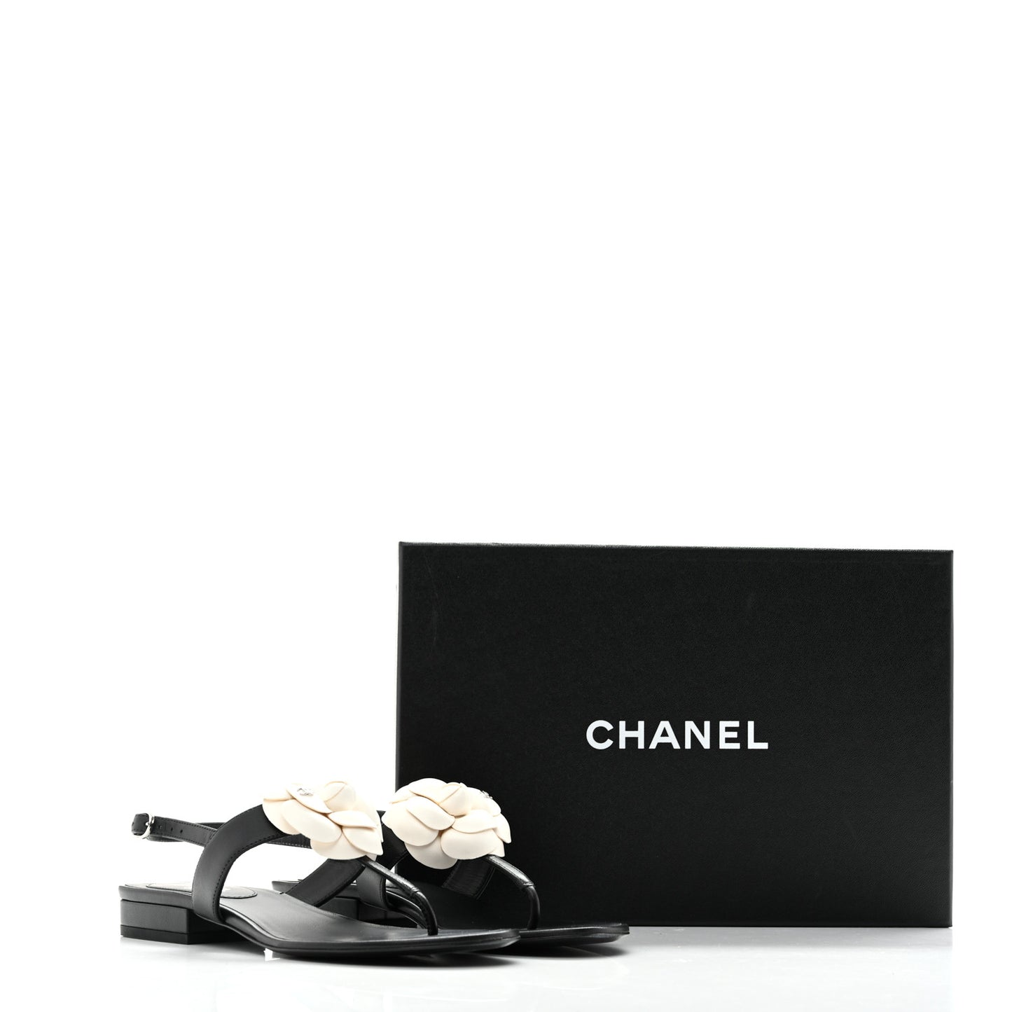 Lambskin Camellia Thong Sandals 36.5 Black White