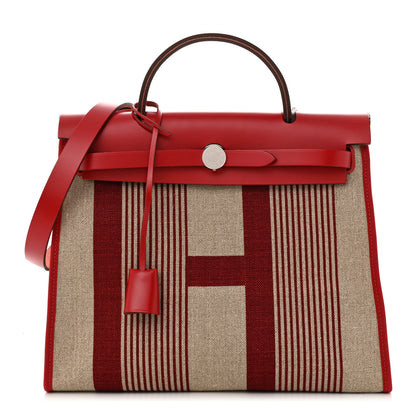 Hermes Vache Hunter Toile H Vibration Herbag Zip 31 PM Bordeaux Ficelle Rouge Piment 3 of 12