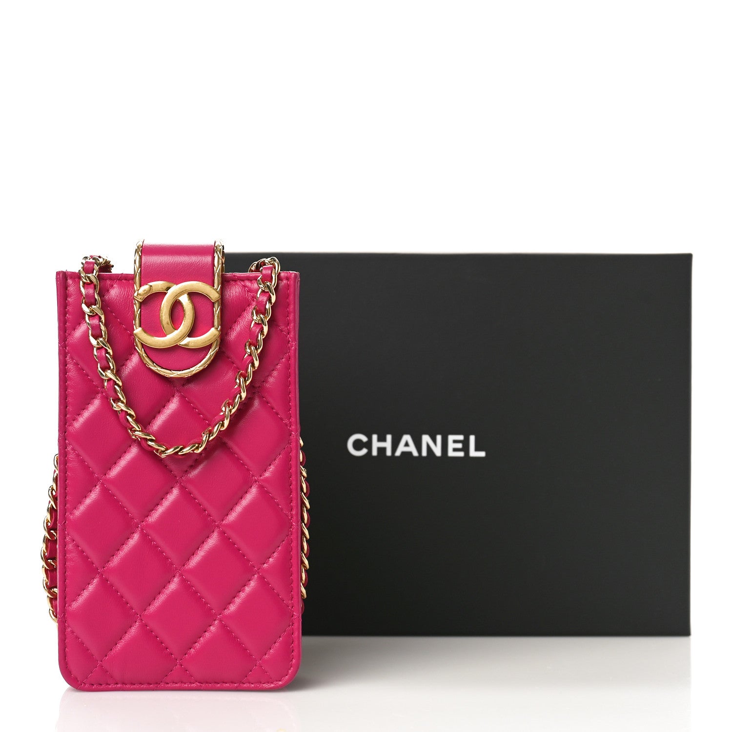 Chanel Lambskin Quilted Phone Holder With Chain Fuchsia 10 of 10