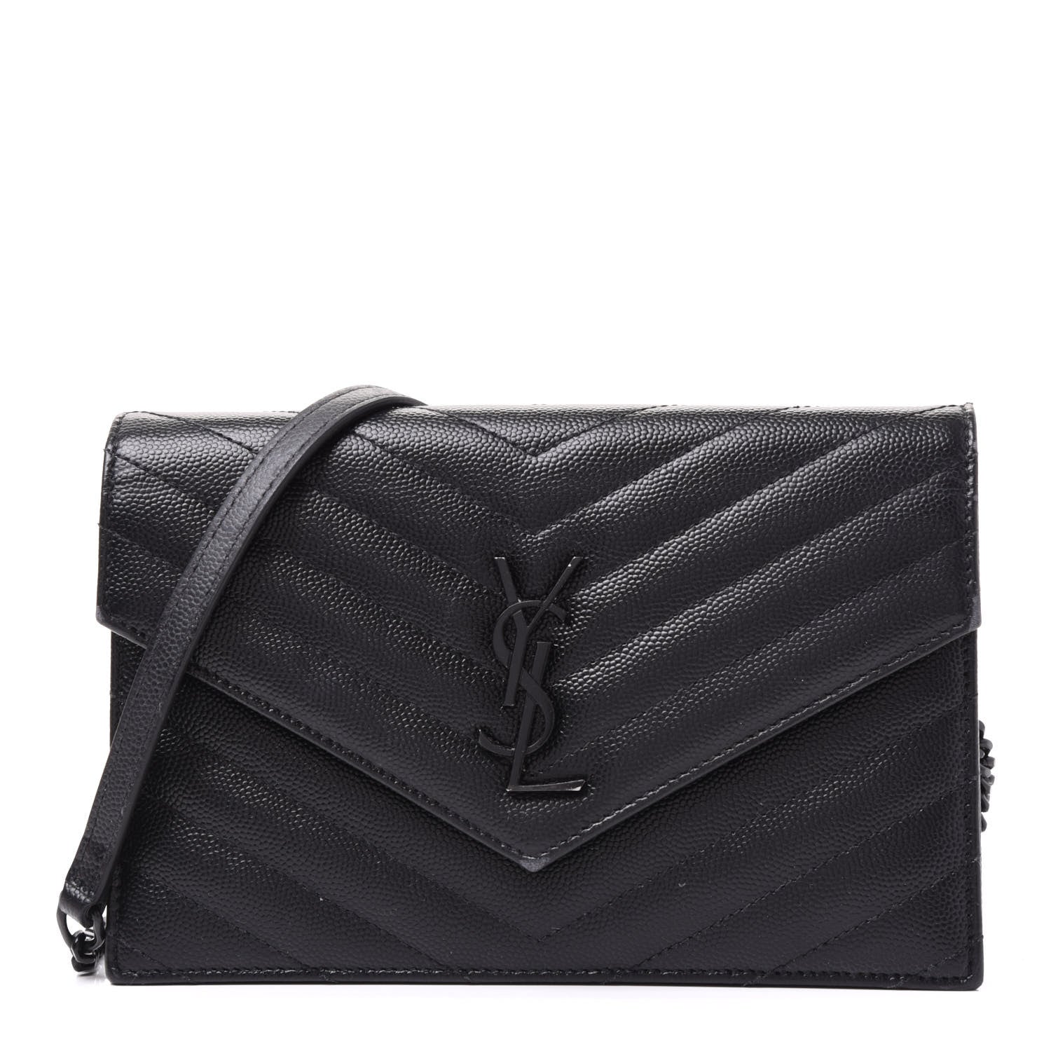 Saint Laurent Grain De Poudre Matelasse Chevron Monogram Envelope Chain Wallet Black 1 of 8