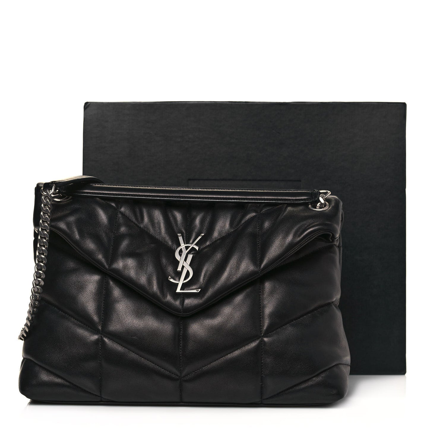 Lambskin Quilted Medium Loulou Puffer Monogram Chain Satchel Black
