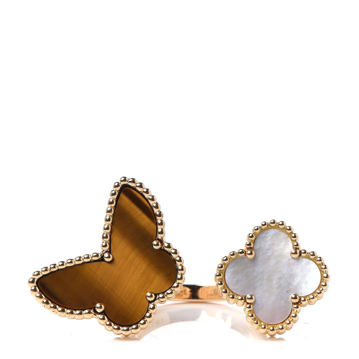 Van Cleef & Arpels 18K Yellow Gold Mother of Pearl Tiger Eye Lucky Alhambra Between the Finger Ring 53 6.25 1 of 5