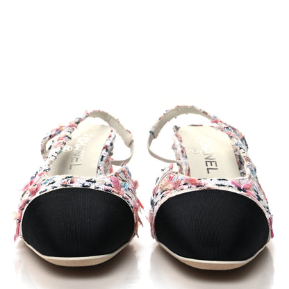 Chanel Tweed Lambskin Cap Toe CC Slingback Pumps 38 White Multicolor 2 of 8