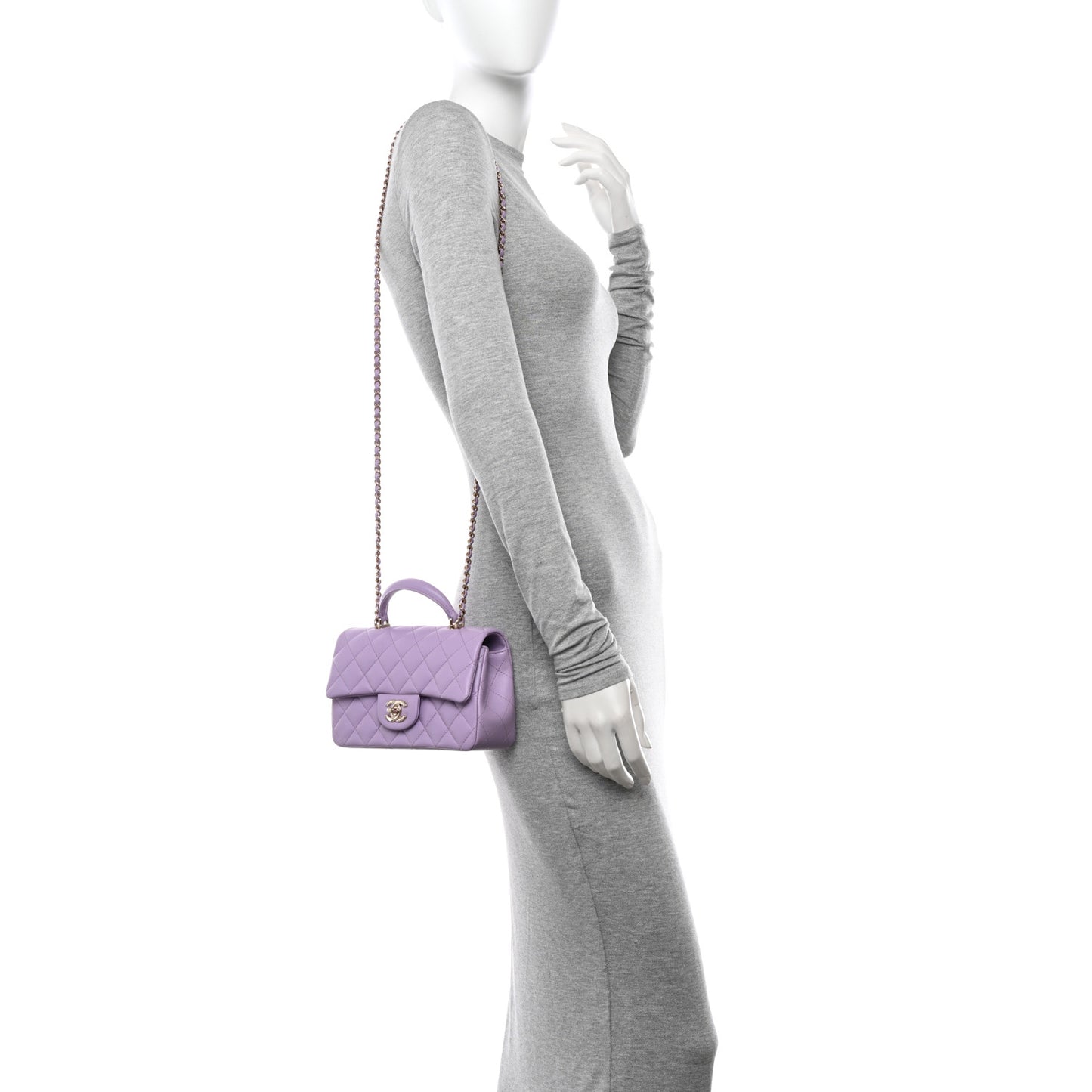 Lambskin Quilted Mini Top Handle Rectangular Flap Light Purple