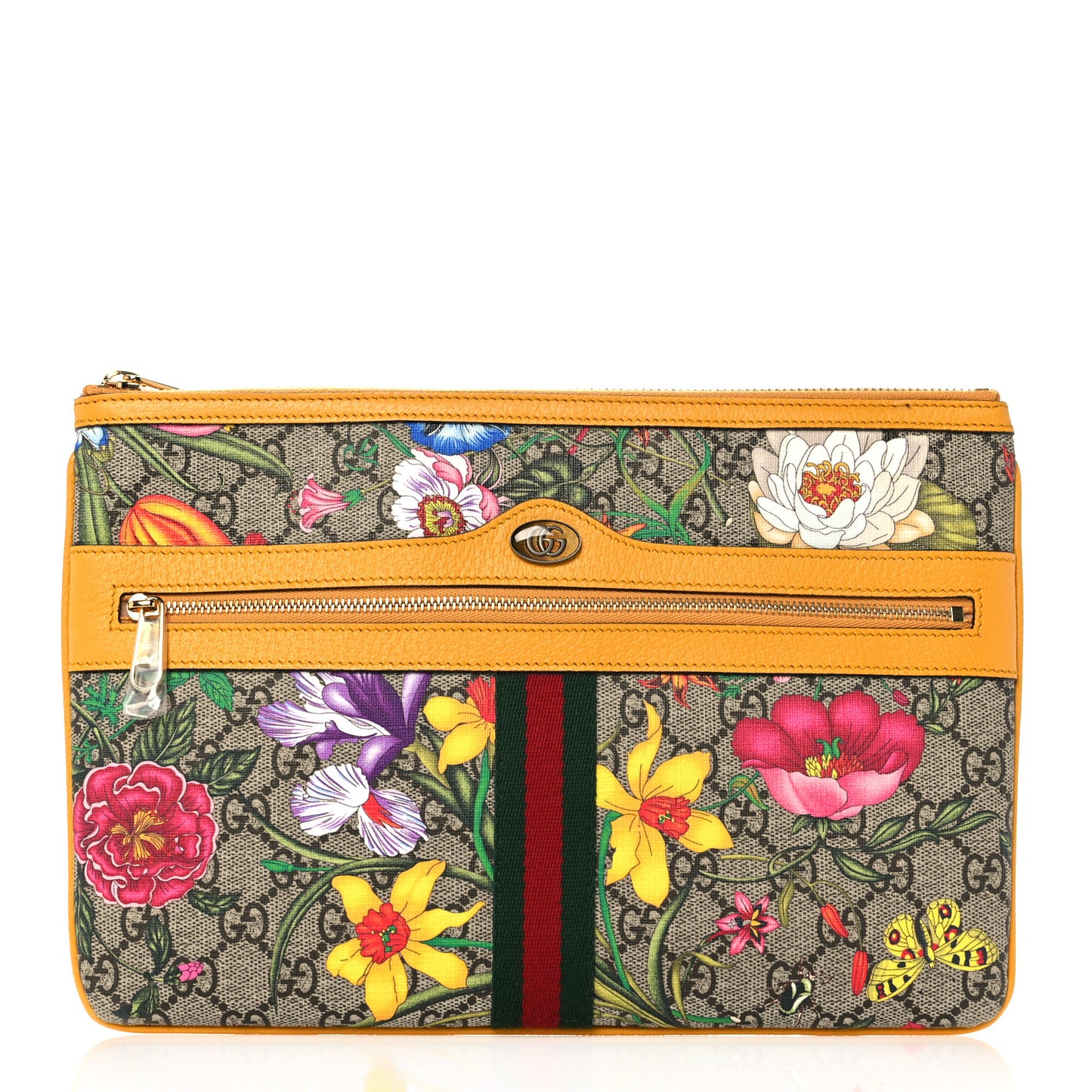 GG Supreme Monogram Flora Large Ophidia Pouch Clutch Beige Multicolor Crop