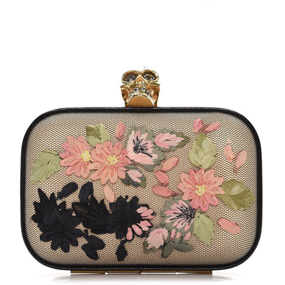 Alexander McQueen Calfskin Lace Embroidered Flower Skull Box Clutch 1 of 10