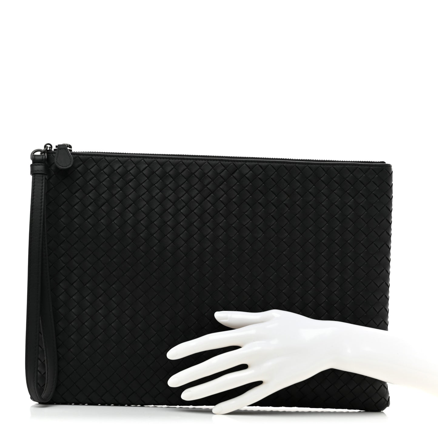 Nappa Intrecciato Large Flat Wristlet Zip Pouch Black