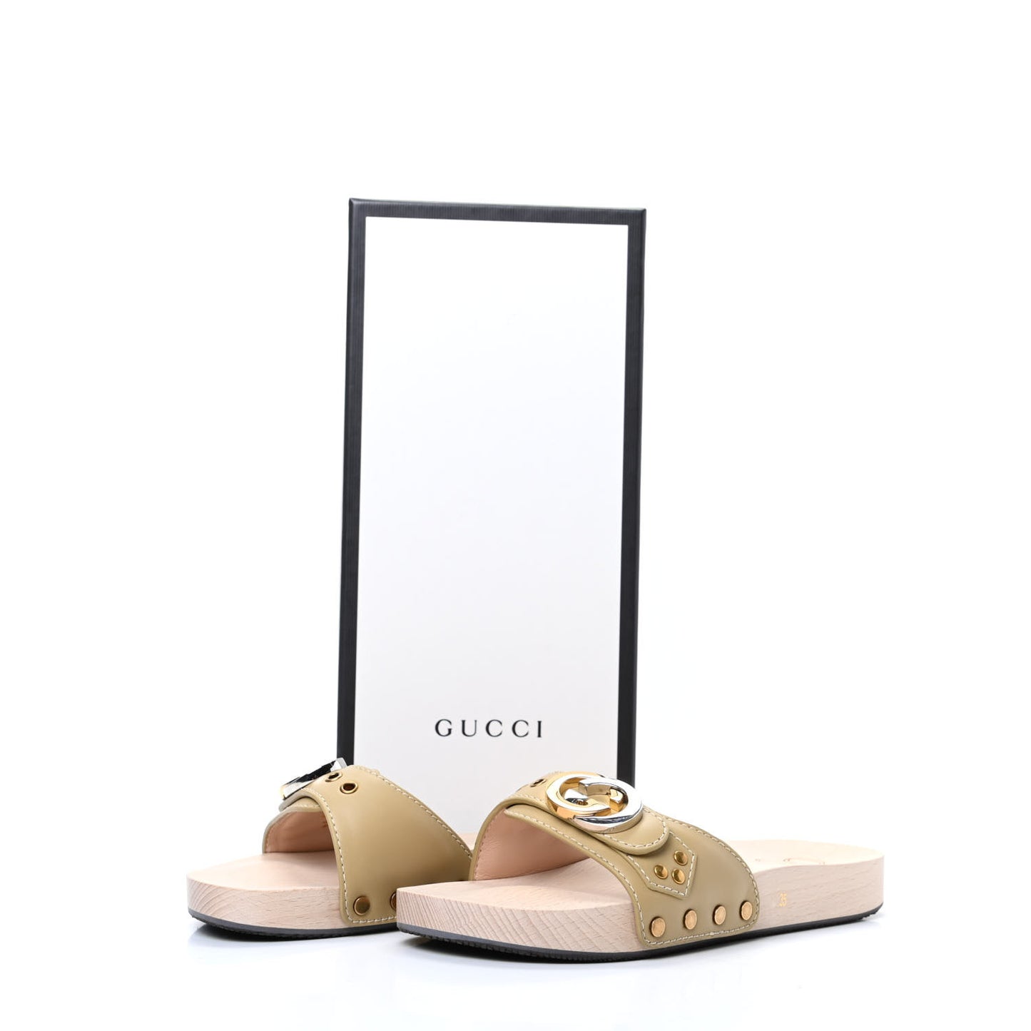 Calfskin Interlocking G Slide Sandals 35 Diagonal Beige