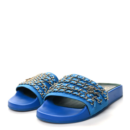 Chanel Canvas Chain Flat Sandals 36 Bright Blue 3 of 8