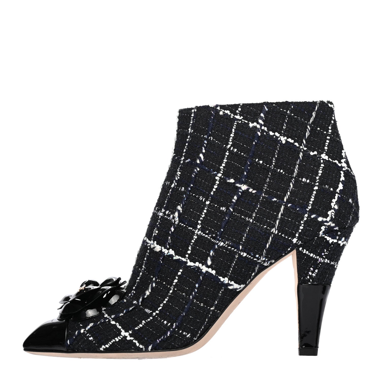 Chanel Tweed Patent Calfskin Camellia Short Boots 40 Black White 1 of 4