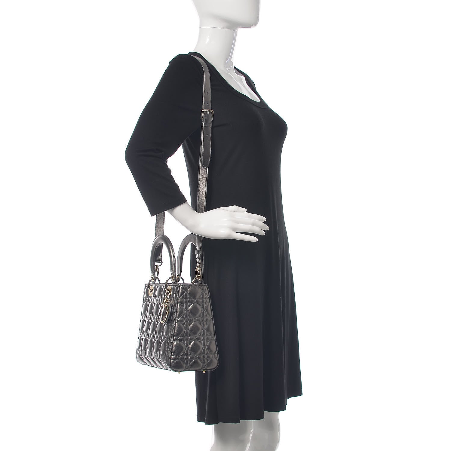 Christian Dior Metallic Calfskin Cannage Medium Lady Dior Gunmetal Grey 2 of 11
