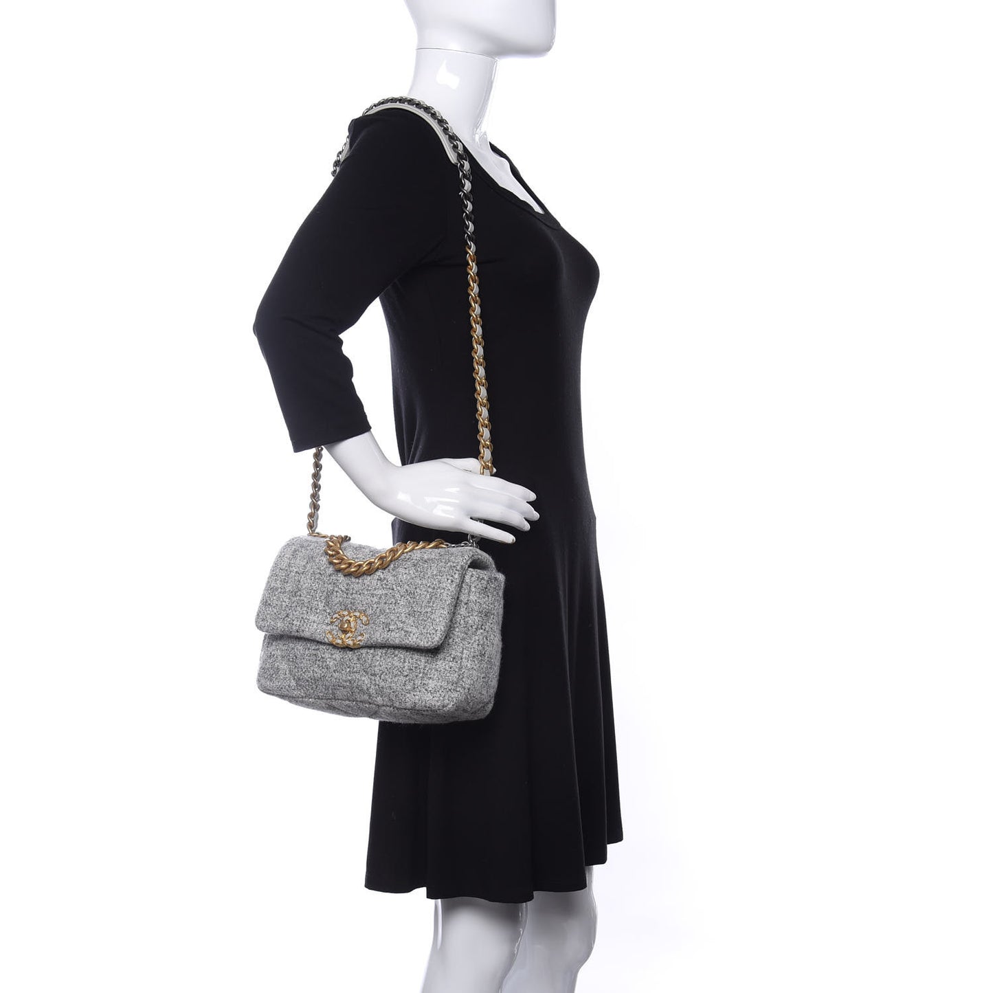 Tweed Quilted Medium Chanel 19 Flap Grey Ecru