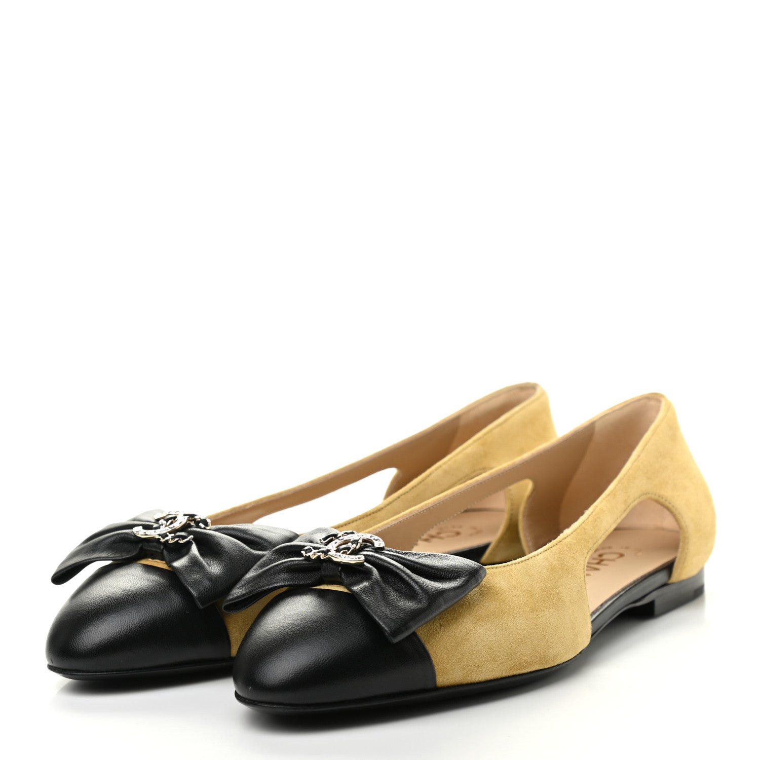 Chanel Suede Calfskin Lambskin Crystal Bow CC Ballerina Flats 36.5 Beige Black 3 of 9