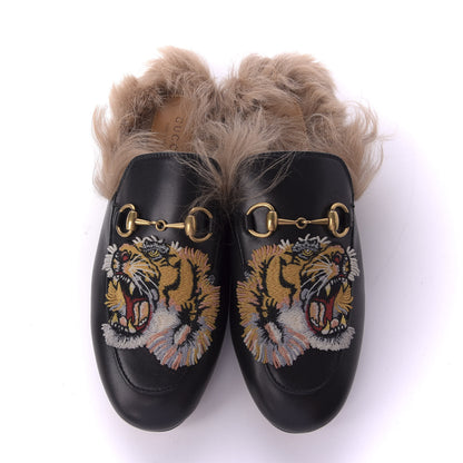 Gucci Calfskin Fur Tiger Embroidered Womens Princetown Slippers 36 Black 6 of 10