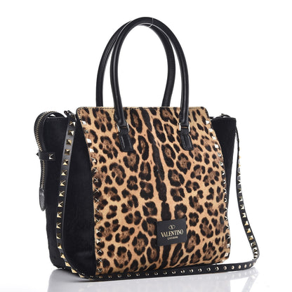 Valentino Garavani Calf Hair Leopard Print Rockstud Double Handle Tote Black 3 of 9
