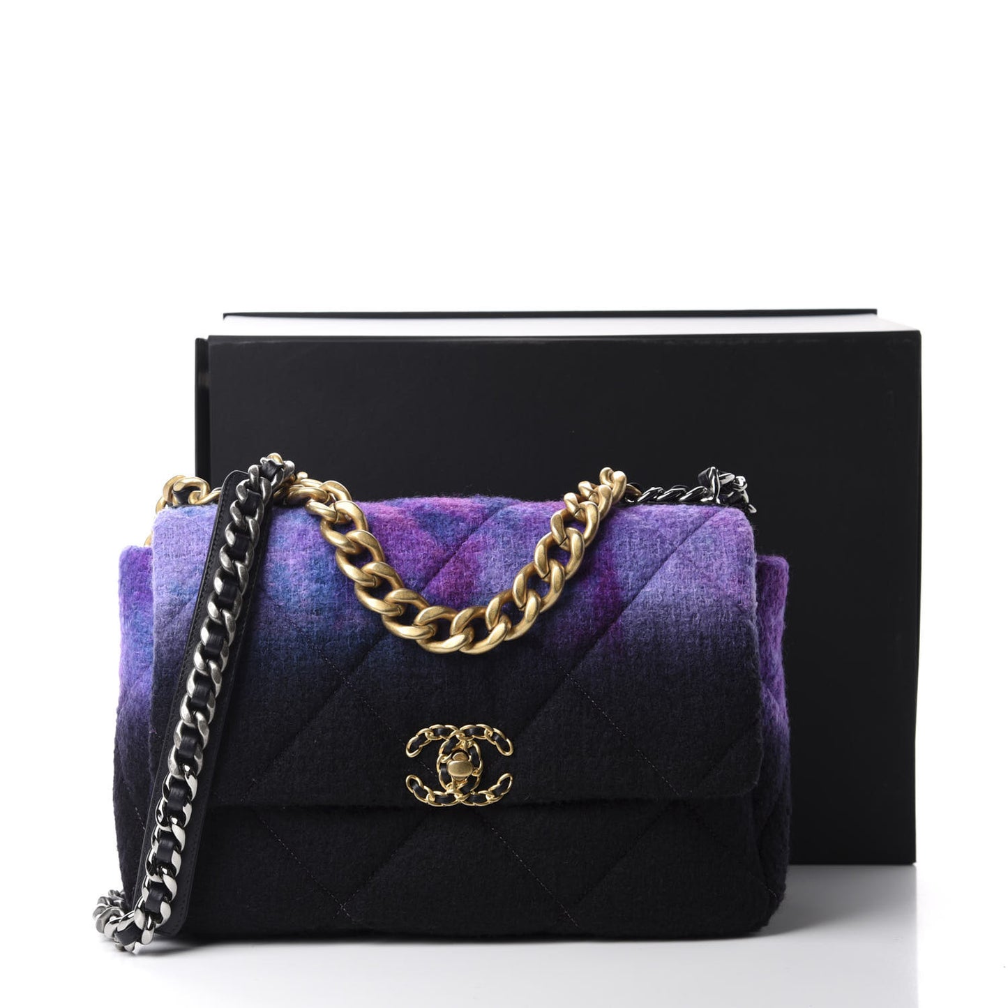 Wool Tweed Quilted Large 19 Flap Purple Black Blue